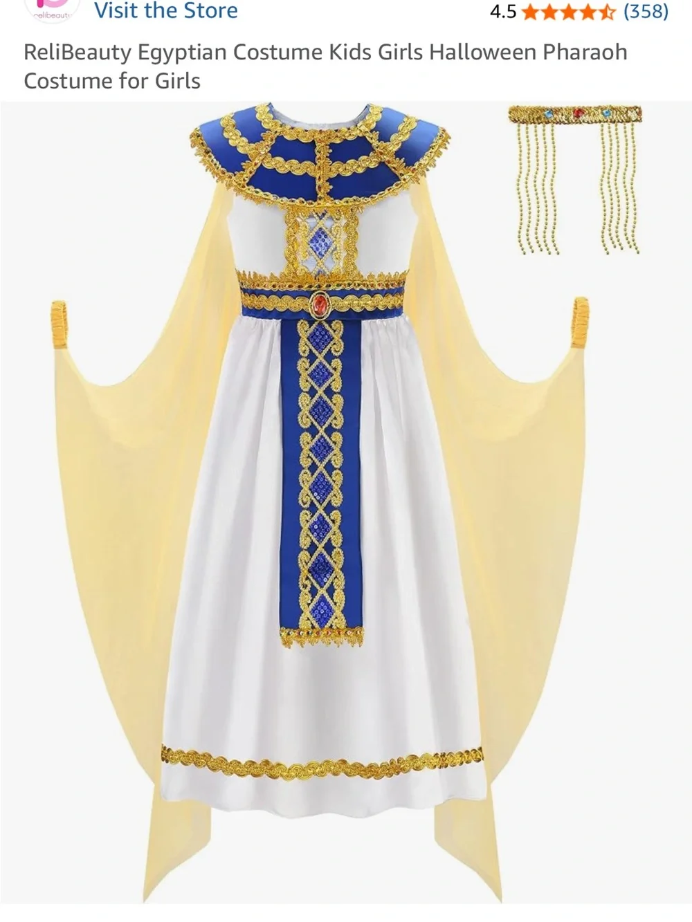 Kids White and Blue Egyptian Princess Costume with Gold Trim
